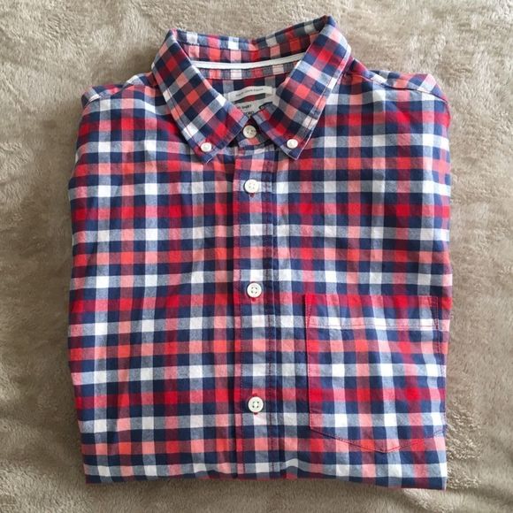 Blue and Red Buffalo Check Plaid Short Sleeve Button Down Collar Shirt Sz Medium - Picture 7 of 7
